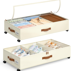 aethel under bed storage with wheels – 2 pack with adjustable dividers & clear lid