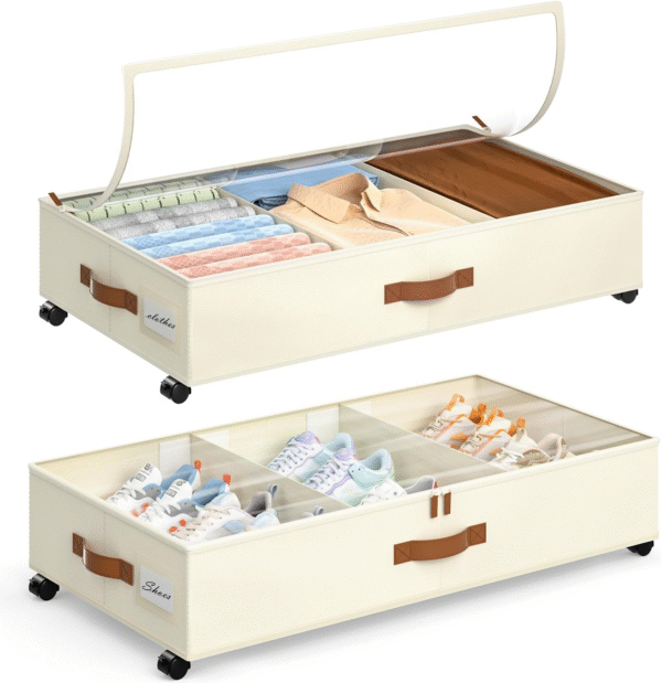 aethel under bed storage with wheels – 2 pack with adjustable dividers & clear lid