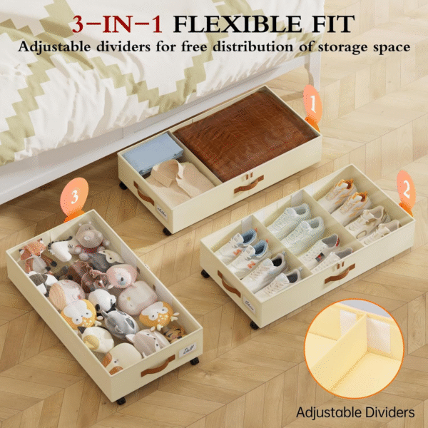 aethel under bed storage with wheels – 2 pack with adjustable dividers & clear lid